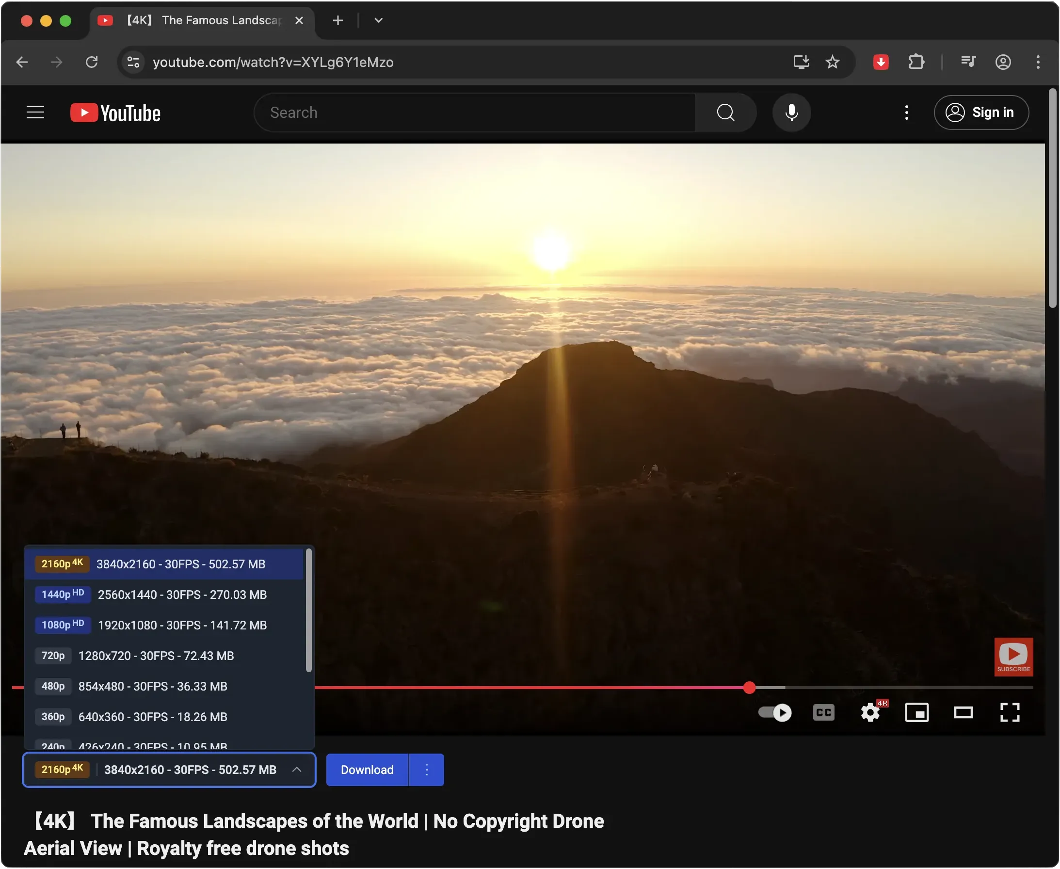 YouTube Download Chrome Extension interface showing 4K video quality options